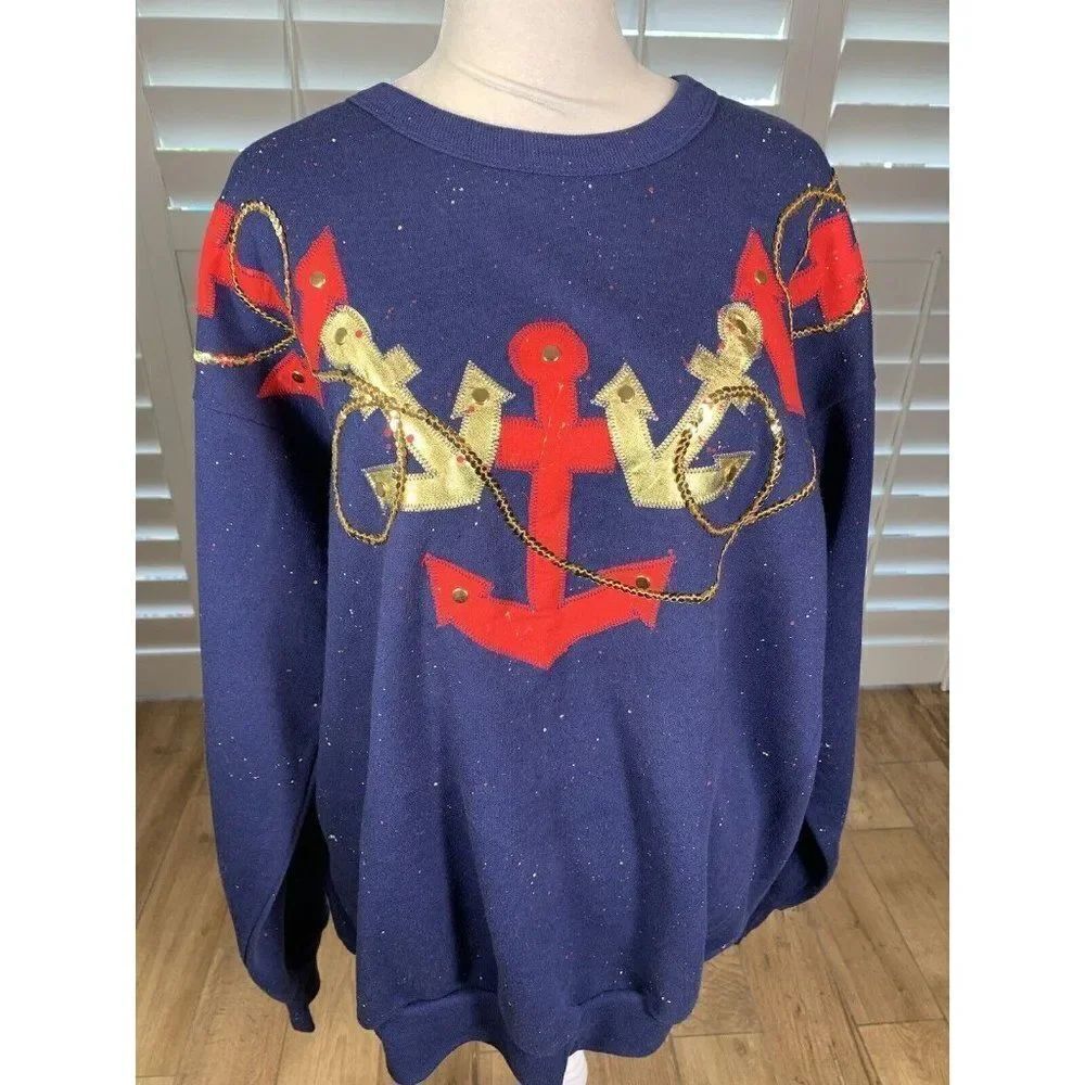 Vtg Navy Blue Nautical Sweatshirt XL Splatter Paint Anchor Pizazz Apparel 80s